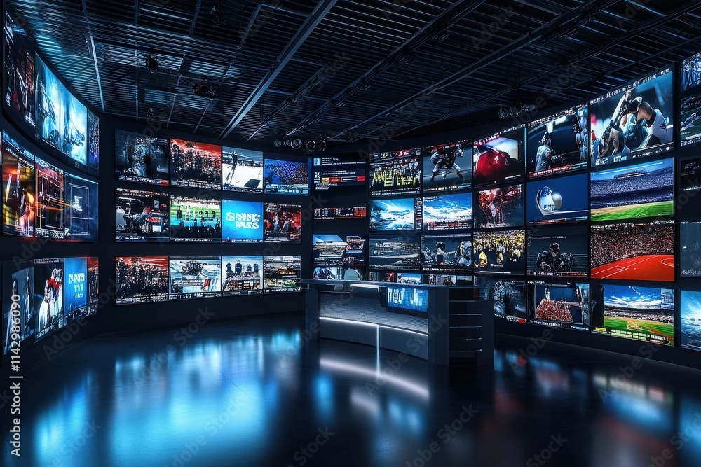 A modern media control room filled with numerous screens displaying various live sports events.