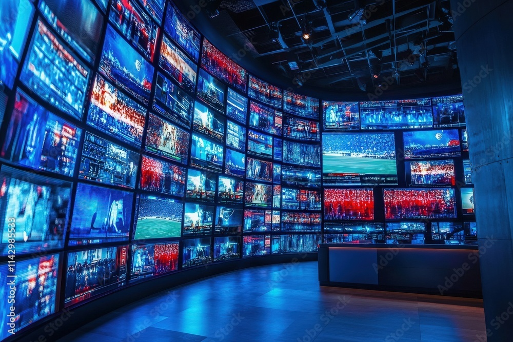 A modern media room features an array of large screens showcasing various sports events and news broadcasts. The room is illuminated with vibrant blue and red colors, creating an energetic atmosphere.