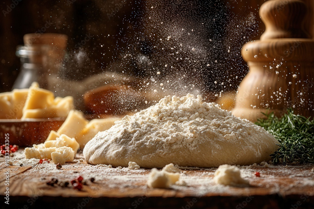 A mound of flour sits on a wooden surface, surrounded by ingredients for baking. Dust particles swirl in the air, highlighting the cozy atmosphere of the kitchen.