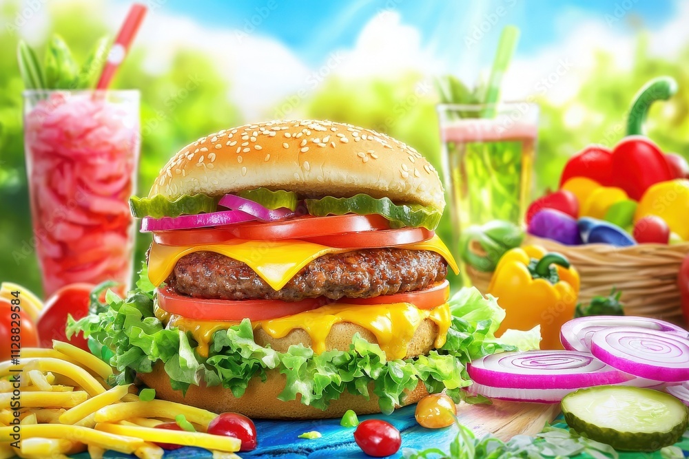 A mouthwatering burger is displayed with layers of lettuce, tomatoes, cheese, and onions. Surrounding it are various colorful drinks and fresh vegetables, all set in a sunny outdoor location.