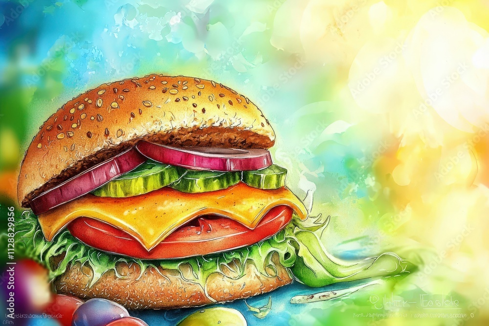 A mouthwatering cheeseburger featuring layers of cheese, lettuce, tomato, pickles, and onion is beautifully displayed. The vibrant background adds an artistic touch, emphasizing the burgers appeal.