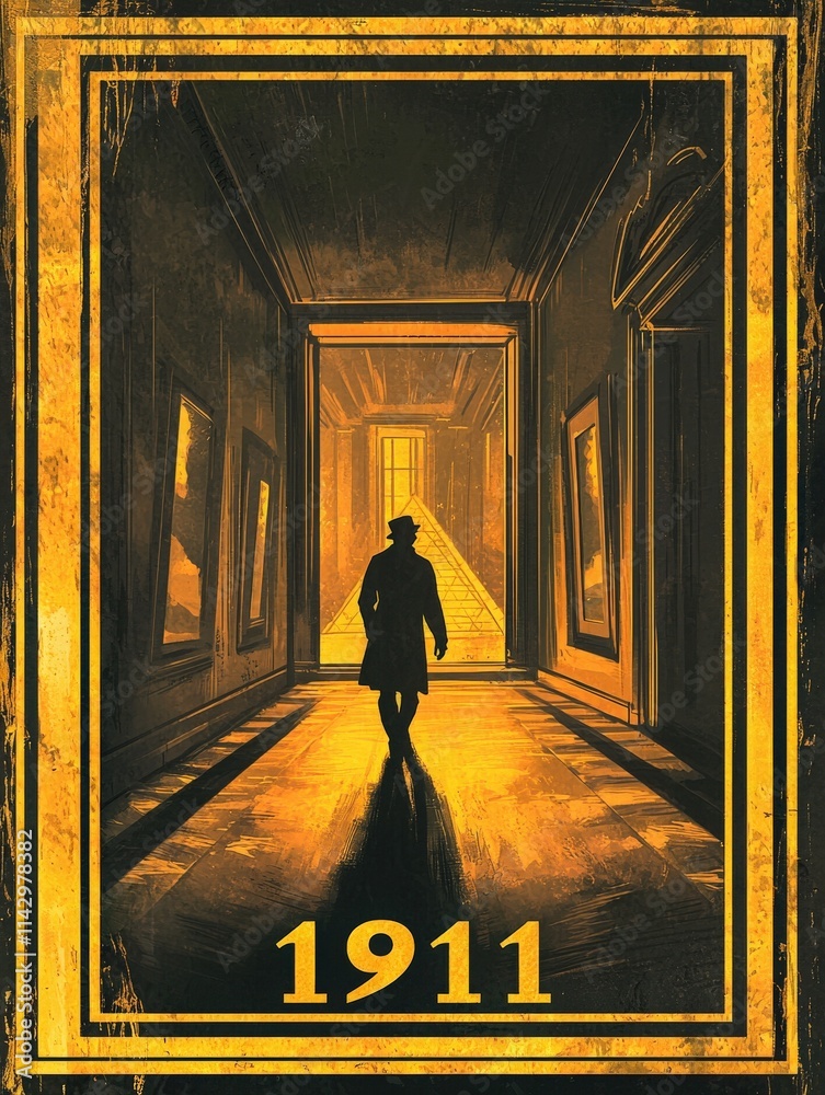 A mysterious figure dressed in a long coat strolls through a beautifully lit hallway of an elegant building from 1911, surrounded by framed artworks. The warm golden hue envelops the setting.