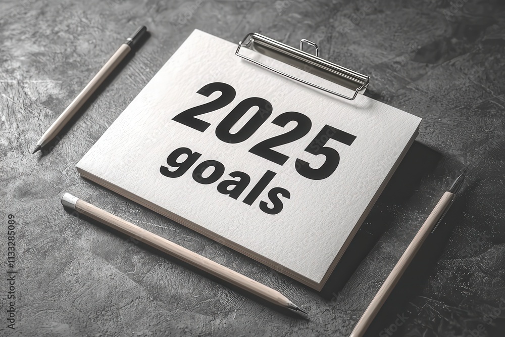 A notepad displaying the text 2025 goals is placed on a textured surface, surrounded by pencils. This setup emphasizes organization and planning for future achievements.