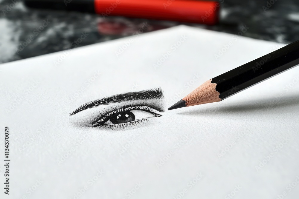 A pencil is poised above a realistic sketch of an eye on white paper, showcasing intricate details. Red art supplies are visible, suggesting an artistic workspace during the day.