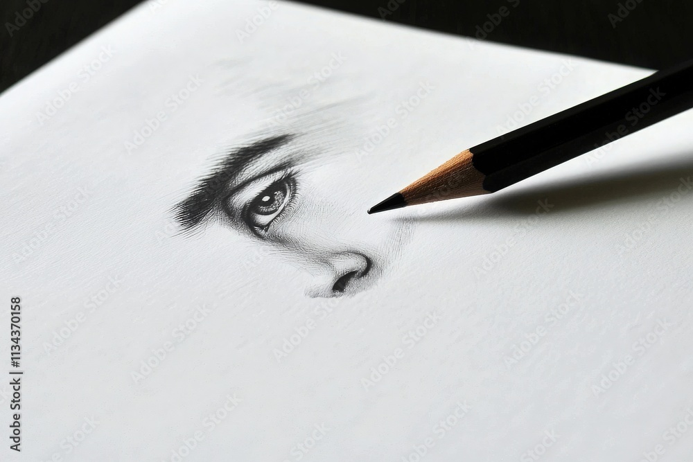 A pencil rests close to a meticulously sketched eye and nose on a blank sheet of paper. The drawing showcases fine details and shading, reflecting artistic skill and precision.