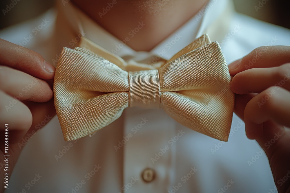 A person adjusts a cream-colored bow tie while wearing a white shirt, showcasing the elegance for a formal occasion. The lighting highlights the texture and style of the accessory.