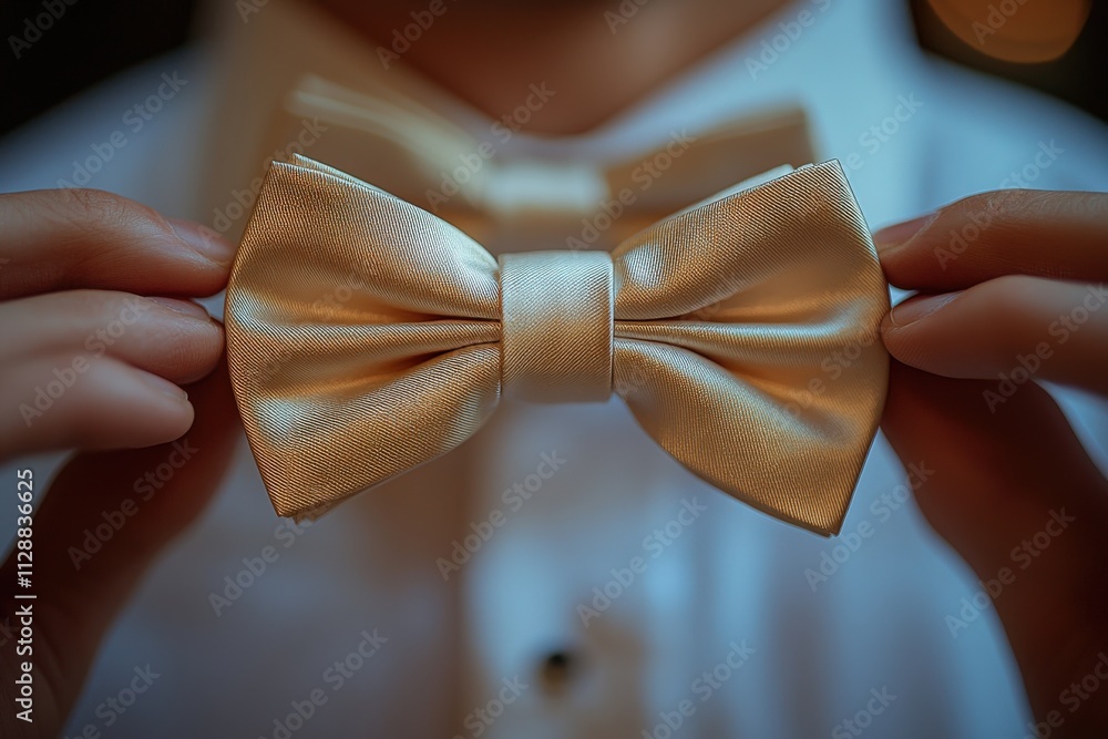 A person carefully adjusts a golden bow tie, showcasing the elegant fabric. The soft lighting creates a warm atmosphere, perfect for a formal event or celebration.