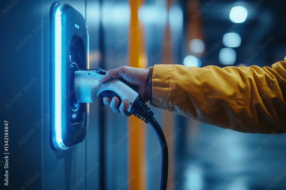A person connects a charging plug to an electric vehicle at a sleek charging station in a spacious garage.