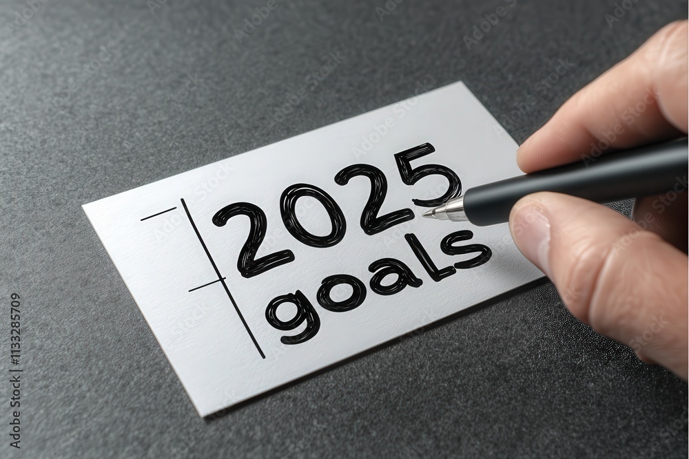 A person is writing 2025 goals on a notepad, using a pen. The setting is simple, focusing on personal development and setting intentions for the future.