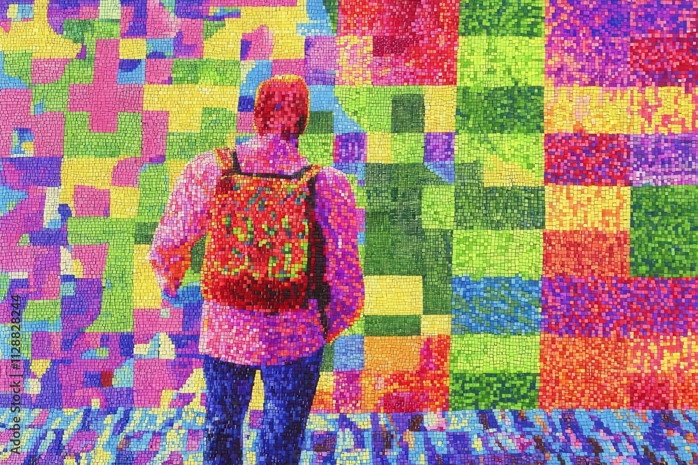 A person stands before a vibrant mural, admiring the lively colors and geometric patterns. The backdrop features an array of colorful squares, creating an engaging urban art experience.