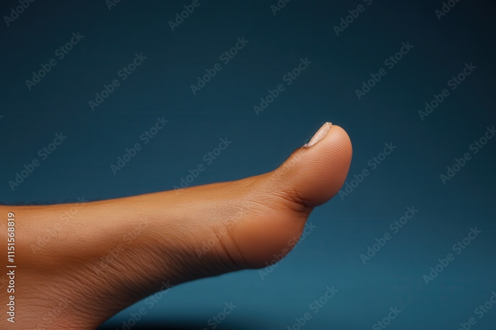 A persons foot is positioned in a relaxed state, showcasing the big toe and skin texture against a dark blue background, highlighting a tranquil atmosphere.