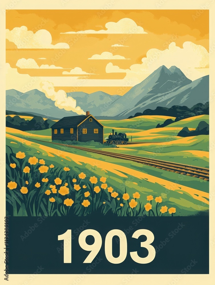 A picturesque countryside setting from 1903 features a small house surrounded by blooming flowers. A train travels along the tracks under a vibrant sky with mountains in the background.