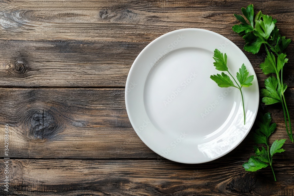 A plain white plate sits on a rustic wooden table, accompanied by vibrant green parsley sprigs. The setting evokes a sense of freshness and simplicity in food presentation.