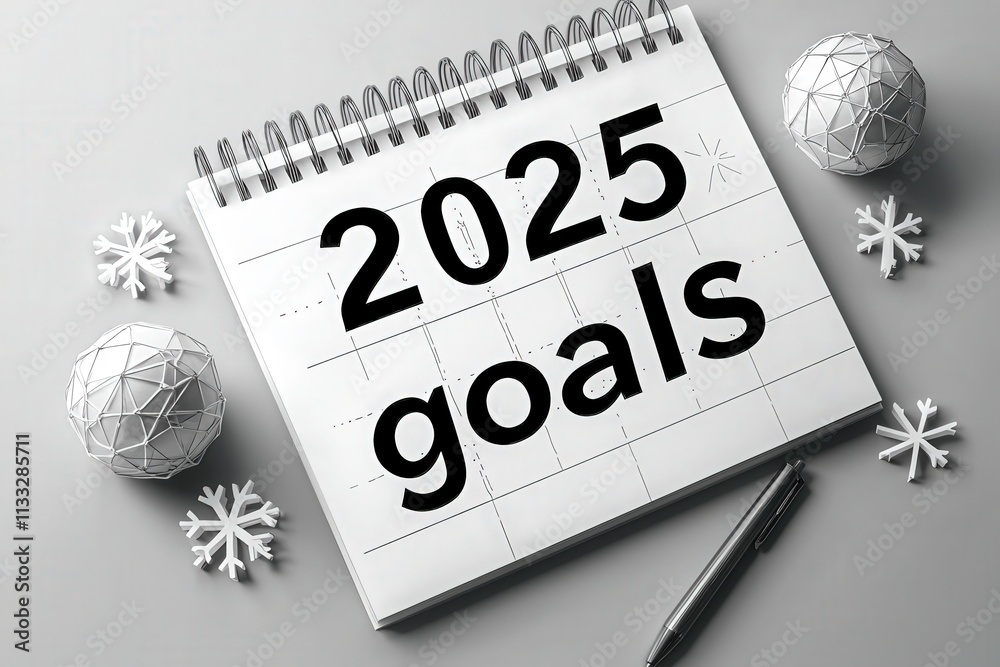 A planner page displays the bold text 2025 goals, surrounded by decorative snowflakes and a pen, emphasizing the importance of planning and focus for the upcoming year.