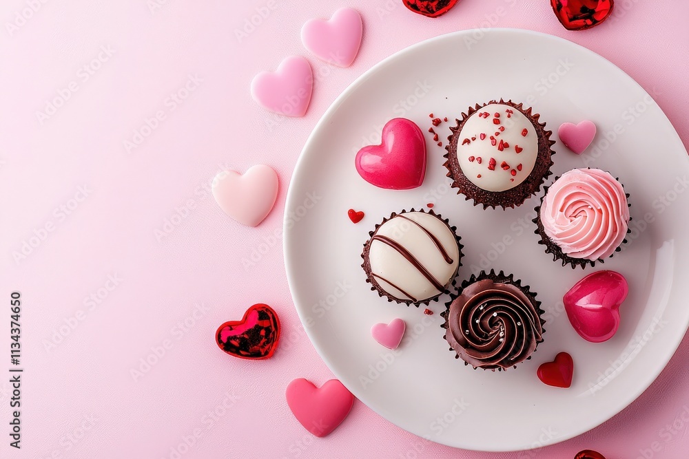A plate displays a colorful selection of heart-themed cupcakes decorated with icing and sprinkles. Surrounding the plate are decorative heart-shaped candies, creating a playful atmosphere.