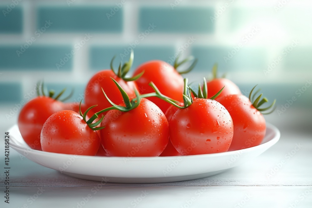 A plate holds a variety of plump, red tomatoes adorned with green stems. The setting features a soft light haze, complementing the fresh produce on a simple surface.