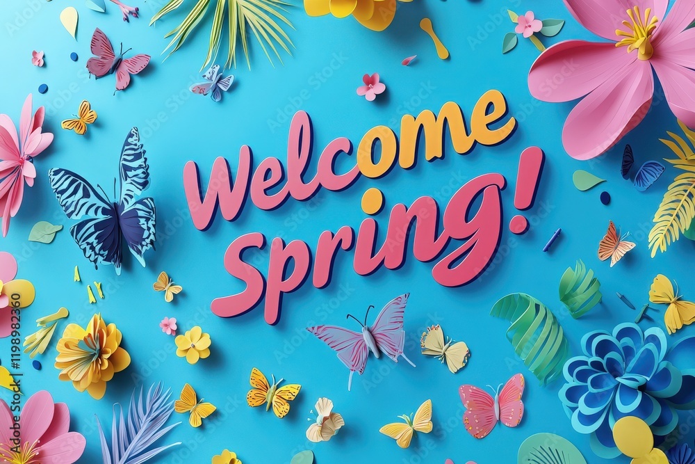 A playful arrangement featuring butterflies and flowers in various colors celebrates the arrival of spring. The background is bright blue, enhancing the lively atmosphere of the scene.