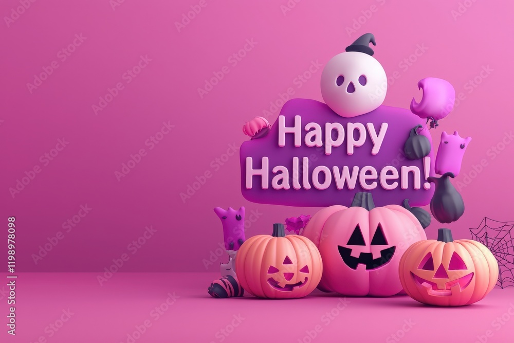 A playful arrangement of Halloween decorations features vibrant pumpkins, a ghost character, and a cheerful Happy Halloween sign. The bright pink backdrop enhances the festive mood.