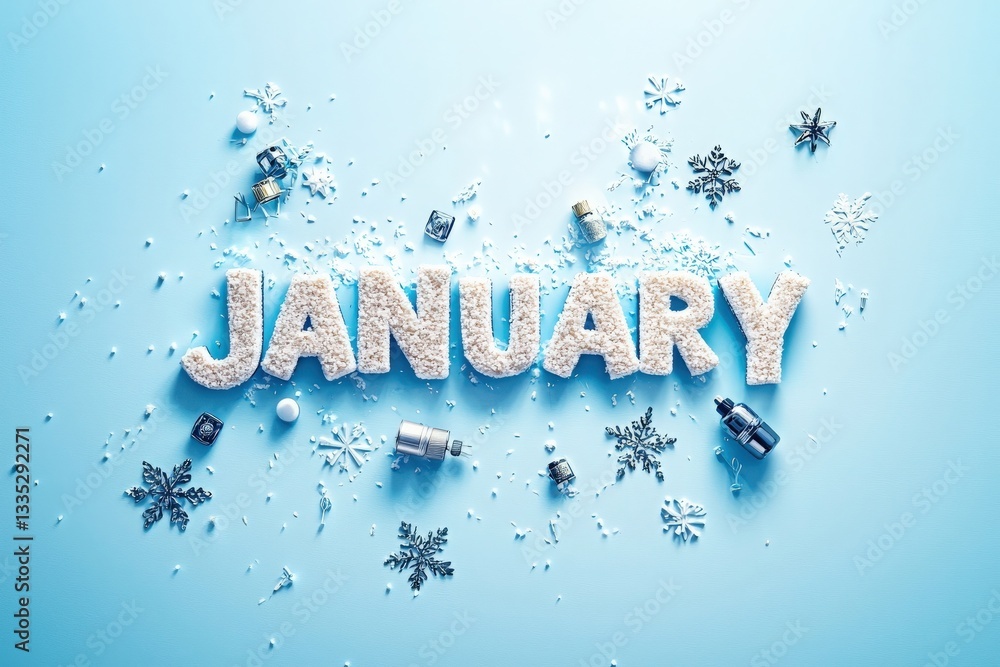A playful depiction of the word January crafted from white sugar against a light blue background, surrounded by snowflakes and small decorations. This festive setup evokes winter cheer.