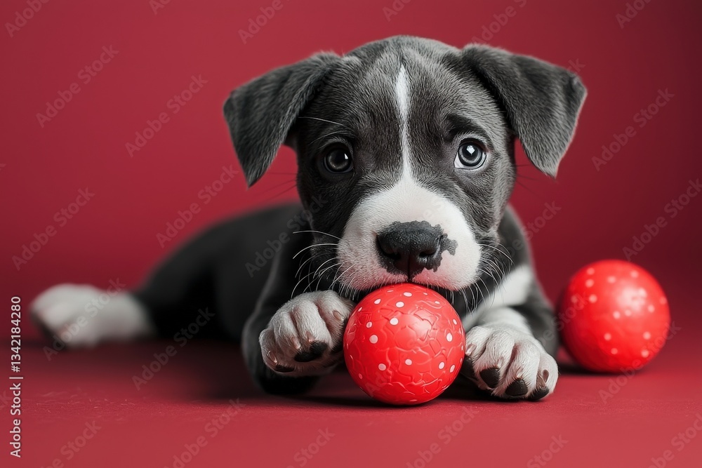 A playful puppy with a gray coat and white markings lies on a solid background, chewing on a red ball while two similar balls rest beside it. The puppys expressive eyes add to its charm.