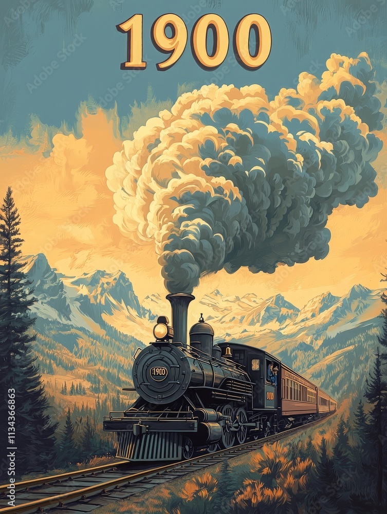 A powerful steam locomotive, adorned with the year 1900, puffs smoke as it travels along a track surrounded by majestic mountains at sunset, with vibrant colors filling the sky.