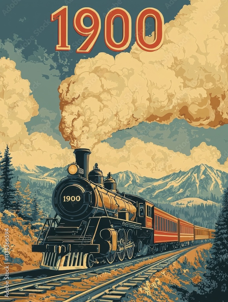 A powerful steam locomotive chugs along train tracks, surrounded by majestic mountains and dense trees. The year 1900 is prominently displayed, evoking a sense of nostalgia and adventure.