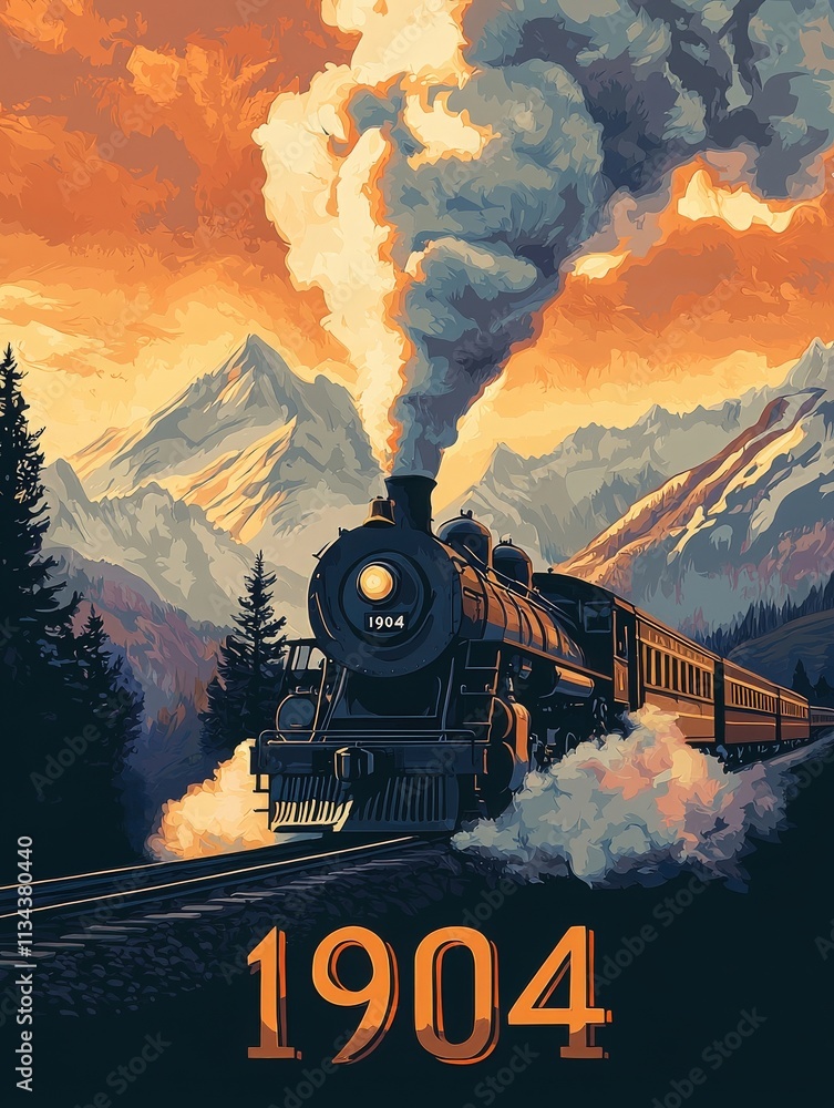 A powerful steam locomotive moves along tracks bordered by tall trees and mountains. The sky glows with orange hues as the sun sets, highlighting the vintage trains historic charm.