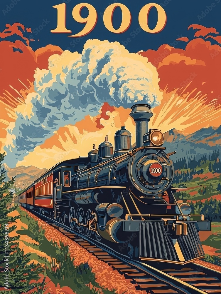 A powerful steam train chugs along a railway surrounded by lush green mountains and vibrant orange skies, capturing the essence of travel in the year 1900.