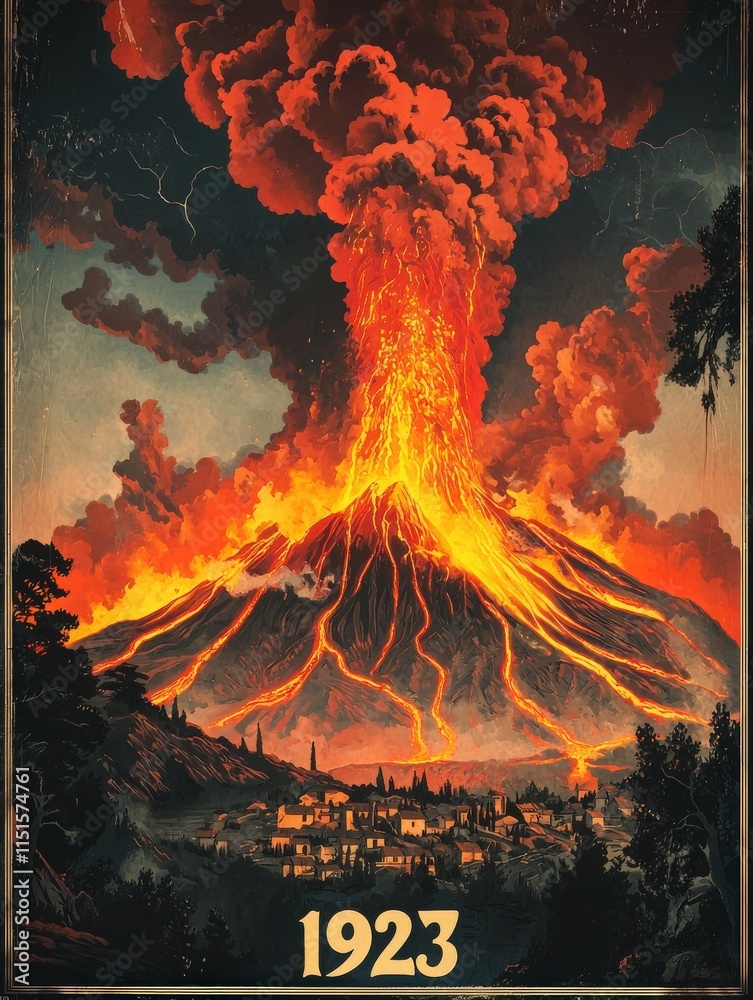 A powerful volcanic eruption creates a vivid display of bright lava and ash, casting light on the nearby town below. The landscape showcases natures raw energy and beauty during this historic event.