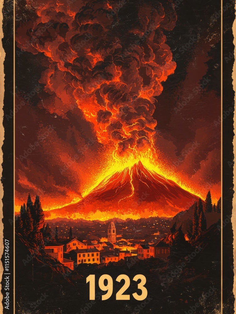 A powerful volcanic eruption fills the sky with ash and lava. The bright orange hues illuminate the dark night, while a town rests below, showcasing the dramatic contrast of natures force.