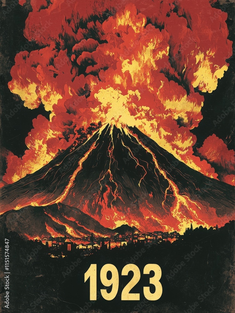 A powerful volcanic eruption portrays a scene of chaos, with fiery lava flowing down the sides of the mountain and billowing clouds of ash engulfing a nearby village.