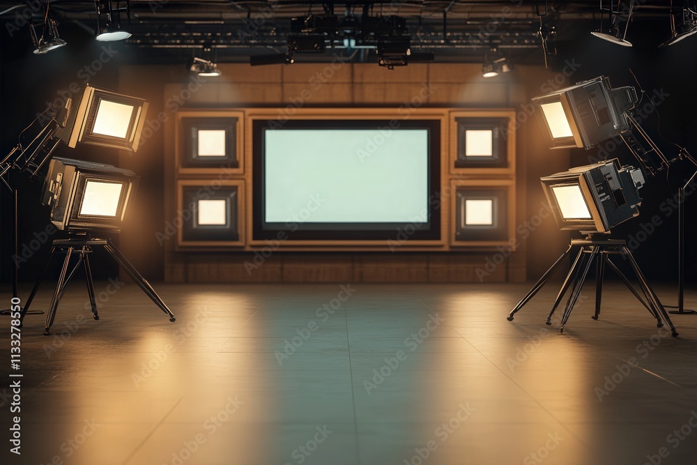 A professional film studio environment features several lighting setups and an empty screen. The warm lighting and wooden accents create an inviting space for creative projects.