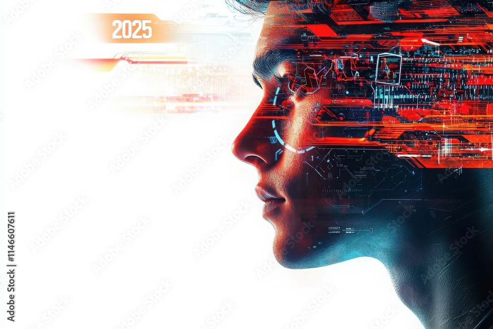 A profile of a young man is blended with intricate digital patterns and glowing circuits, representing the intersection of humanity and advanced technology, set in the futuristic year of 2025.