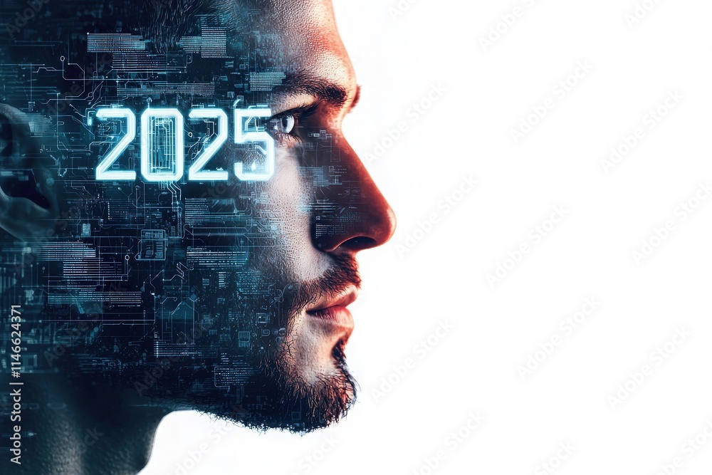 A profile view of a man features digital elements and circuitry, presenting the year 2025 prominently. The image conveys a blend of technology and human expression, highlighting innovation.