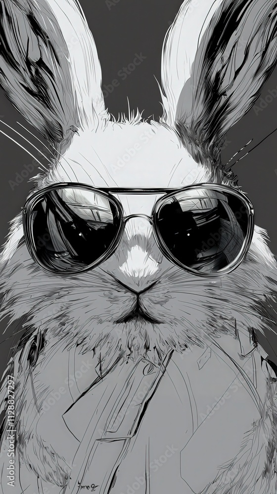 A rabbit with large sunglasses poses confidently, showcasing a unique artistic style. The background features a simple dark tone, emphasizing the rabbits character and cool demeanor.