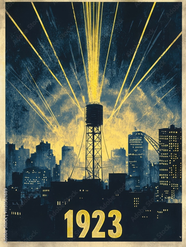 A radiant display of beams lights up the night sky over a city, showcasing a historic urban landscape in 1923. The water tower stands prominently amid the glowing cityscape.