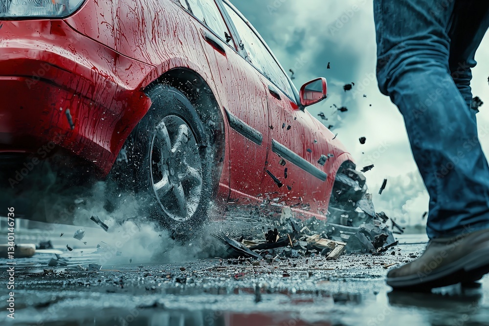 A red car is caught in a powerful explosion, sending debris into the air. Smoke rises, and a person stands nearby, observing the chaotic scene in an urban environment.