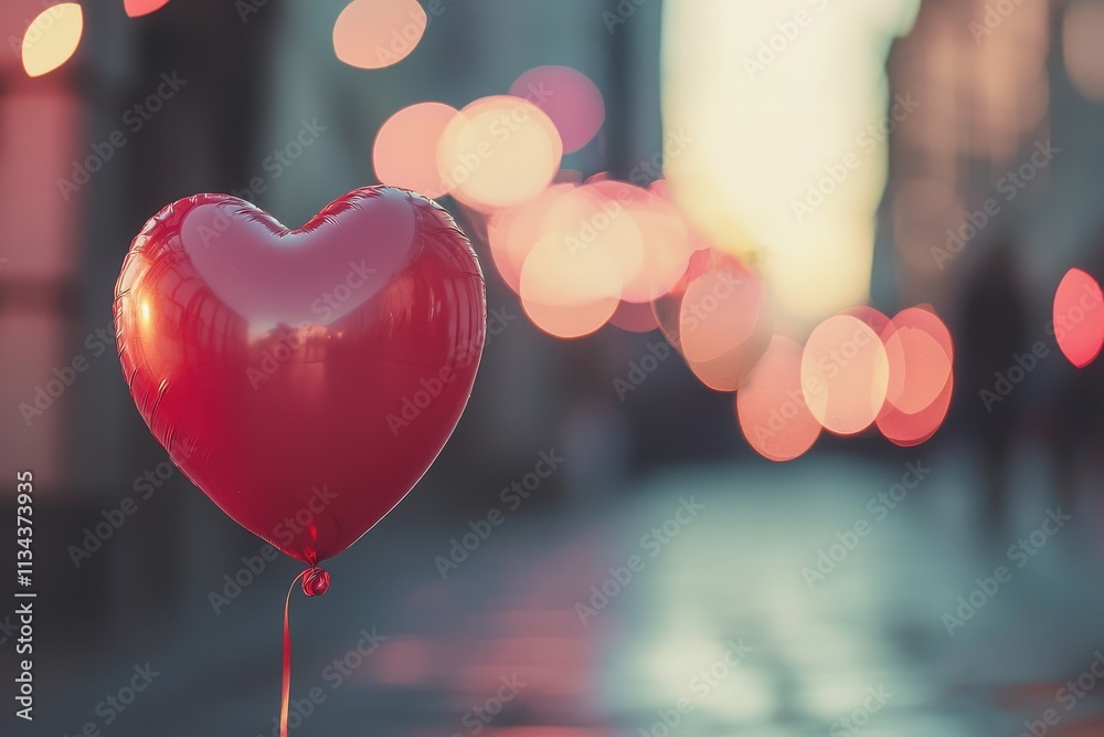 A red heart-shaped balloon stands on a city street as twilight falls, accompanied by soft, blurred lights from nearby buildings, creating a romantic and dreamy atmosphere.