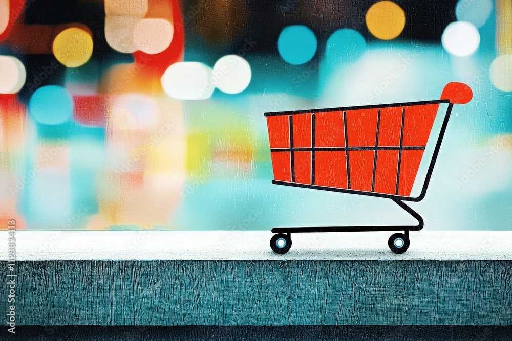 A red shopping cart is positioned on a ledge, showcasing its outline against a backdrop of vibrant, blurred lights, suggesting a lively urban atmosphere during the evening hours.