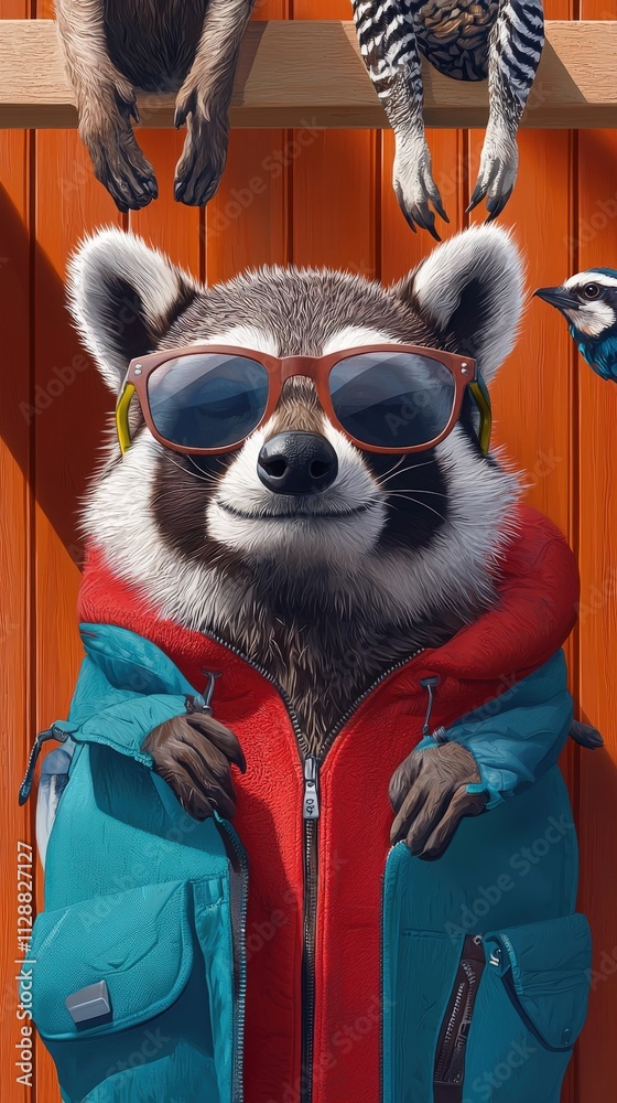 A relaxed raccoon stands proudly wearing sunglasses and a bright jacket, leaning against a vibrant wooden wall. Other animals are positioned above, adding to the playful atmosphere.