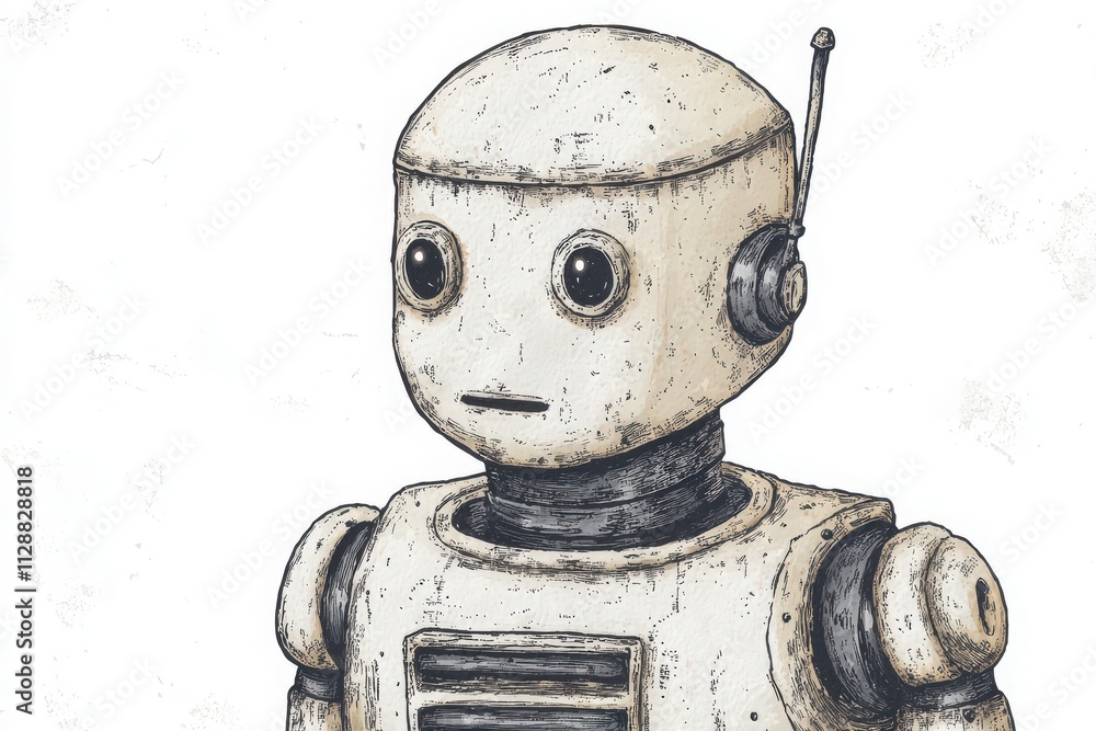 A retro-style robot stands upright with round, expressive eyes and a simple body design. Its antenna adds to the vintage charm, contrasting with a plain surface behind it.