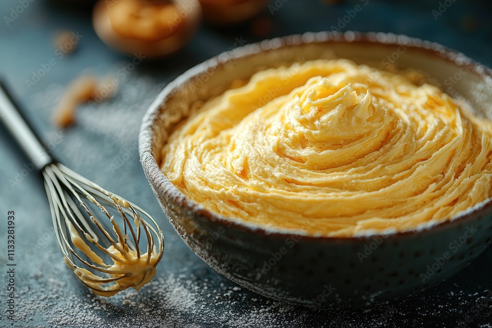 A rich and creamy butter mixture sits in a bowl, ready for use in baking. A whisk lies beside it, hinting at the preparation of delicious pastries or cakes.