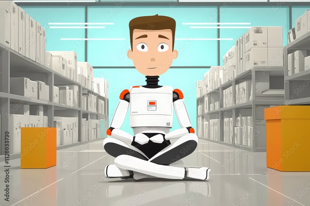 A robot character sits cross-legged on the floor in a contemporary warehouse. Shelves filled with storage boxes create a vibrant backdrop, showcasing a clean and organized environment.