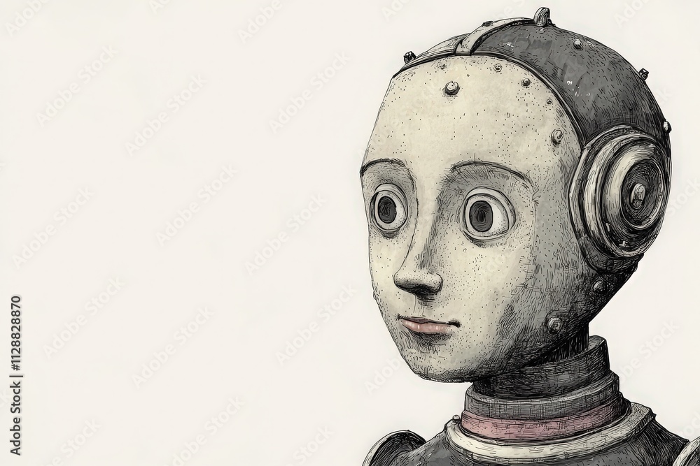 A robot head features an intriguing design with large, expressive eyes and metallic details.