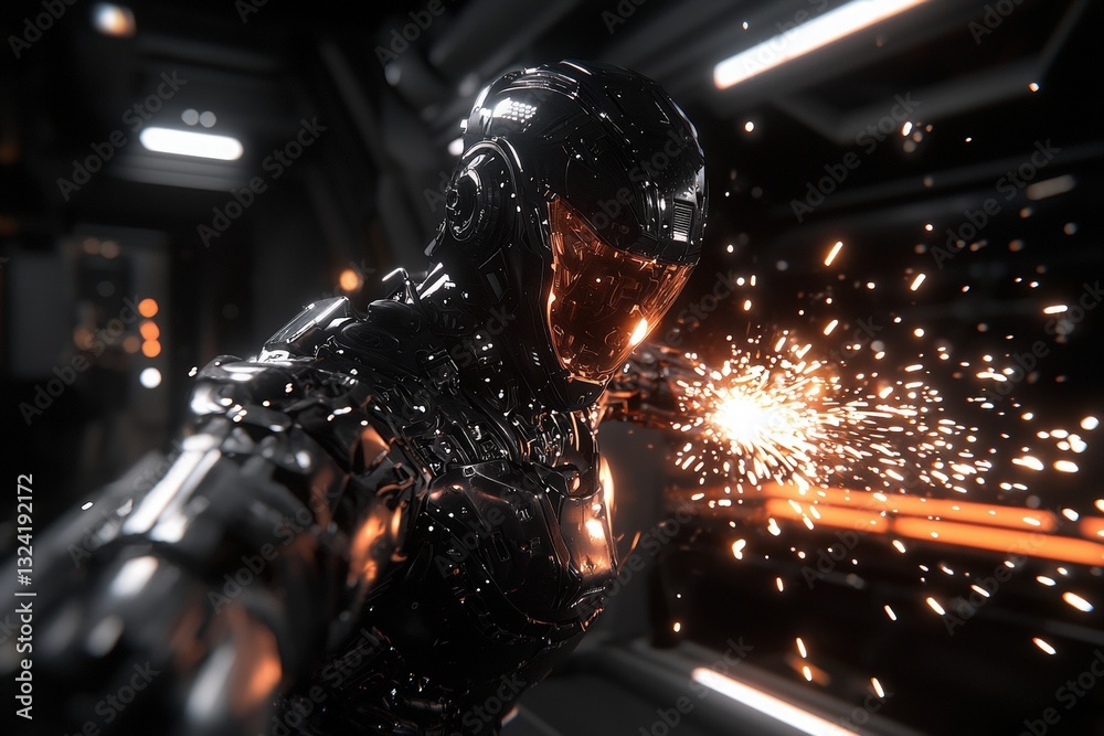 A robotic figure with a shiny exterior engages in an action moment, producing bright sparks in a dimly lit, high-tech setting filled with metallic surfaces and glowing elements.