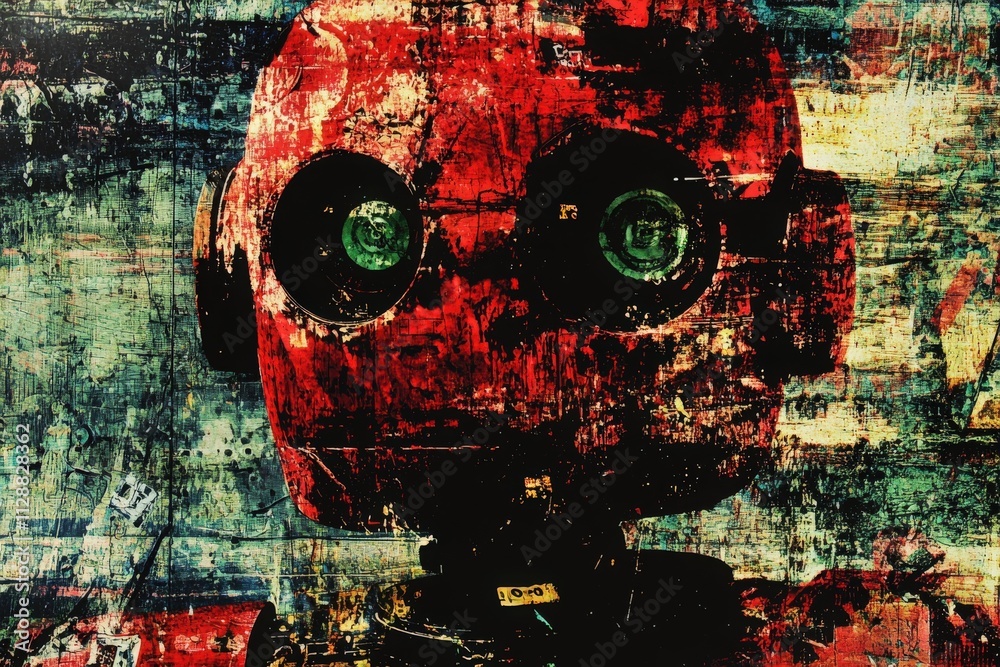 A robotic figure with vibrant red coloring and bright green eyes stands out against a textured, abstract background filled with an array of colors.