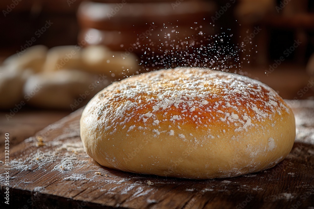 A round loaf of bread rests on a wooden surface, its golden crust lightly dusted with flour. The warm, homey atmosphere suggests its freshly baked.