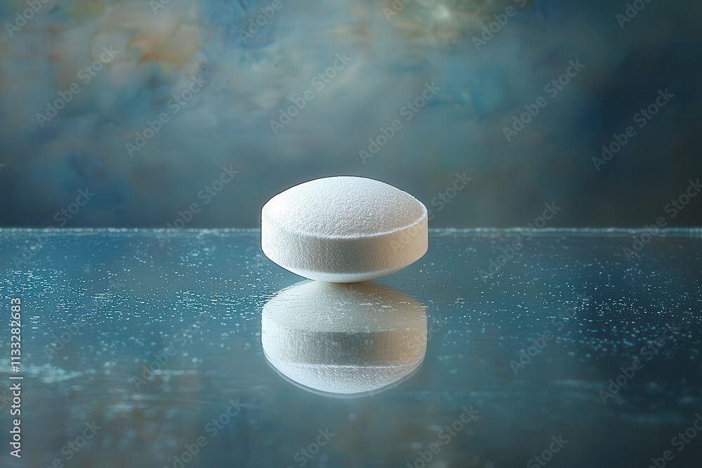 A round white tablet is placed on a smooth glass surface. It reflects light beautifully against a softly blurred blue background, creating a calm and serene atmosphere.
