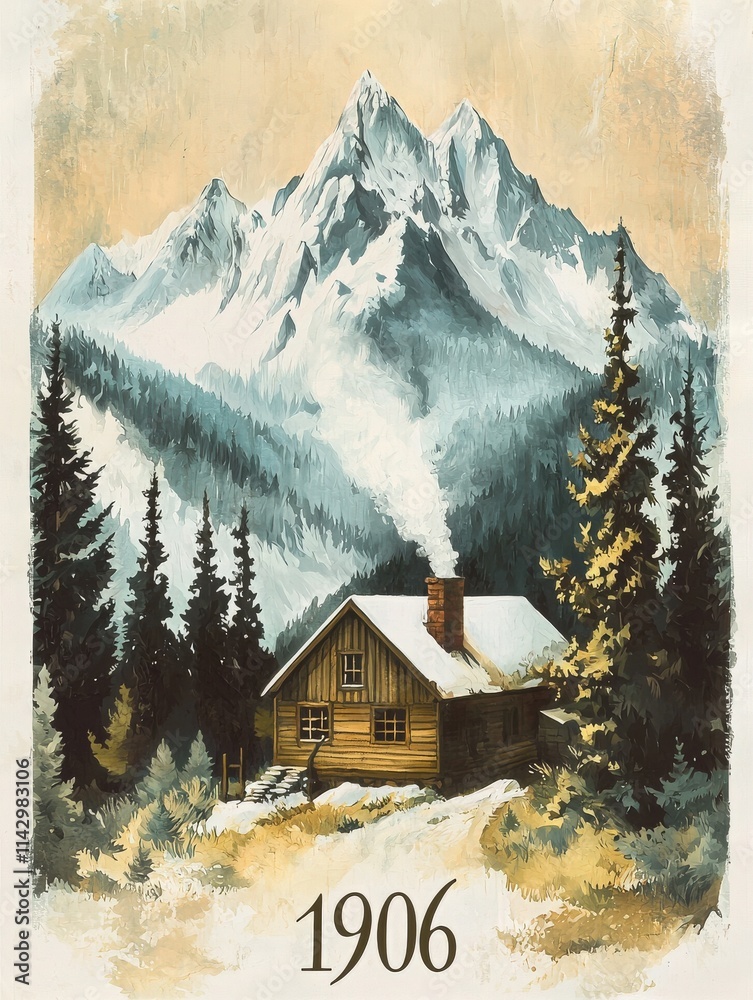 A rustic log cabin sits against a backdrop of snow-covered mountains, surrounded by evergreen trees. The scene evokes a sense of tranquility and nostalgia for simpler times.