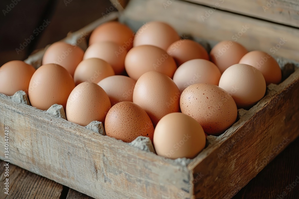 A rustic wooden crate holds a collection of fresh brown chicken eggs, arranged in neat rows. The eggs vary slightly in color and texture, resting on a weathered wooden surface.